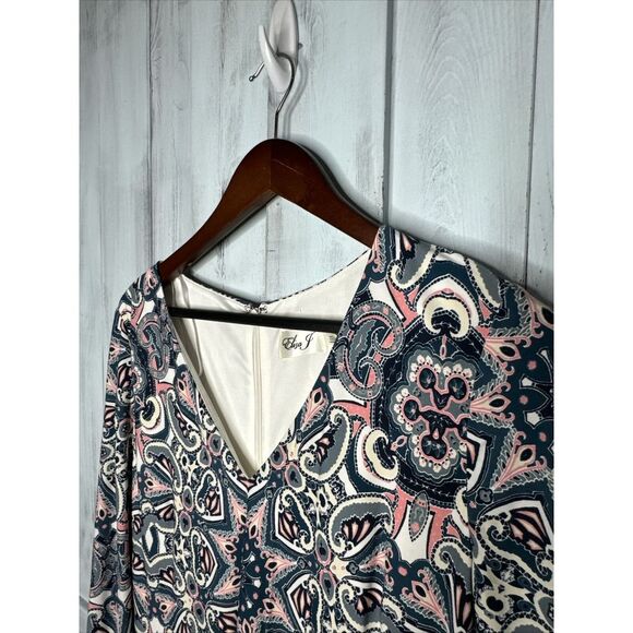 NWT ELIZA J BLUE PINK PAISLEY MOSAIC 3/4 SLEEVE STRETCH JERSEY SHIFT DRESS 14 - Picture 5 of 16